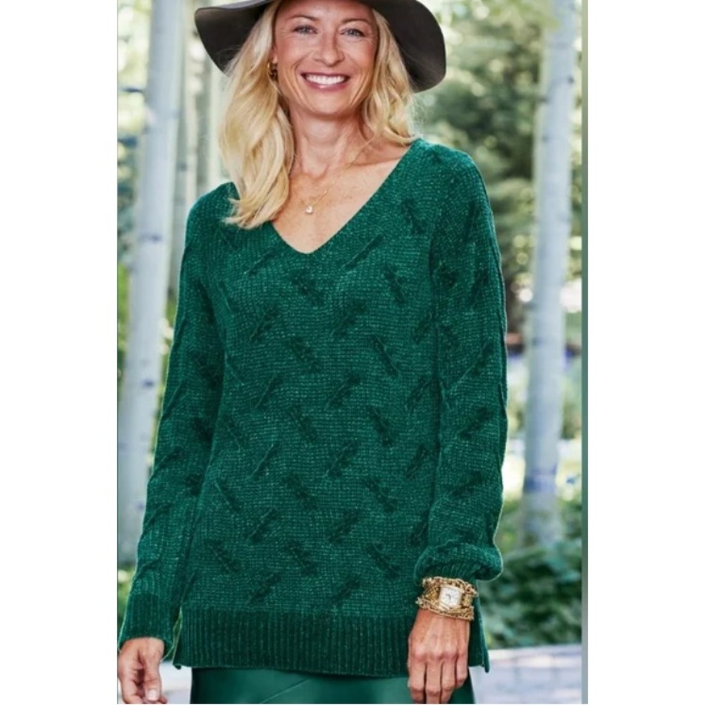 Soft Surroundings Green Chenille Cable Knit V-Neck Sweater Size XL Cozy Chunky